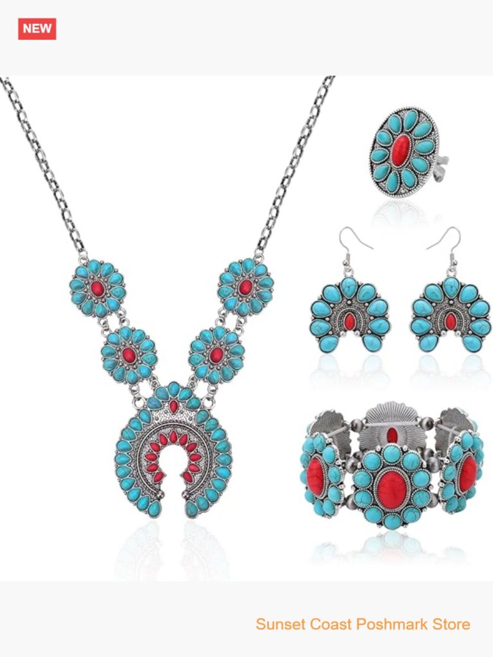 4 PCS Western Turquoise Jewelry Set Boho Vintage Navajo Necklace Earring
